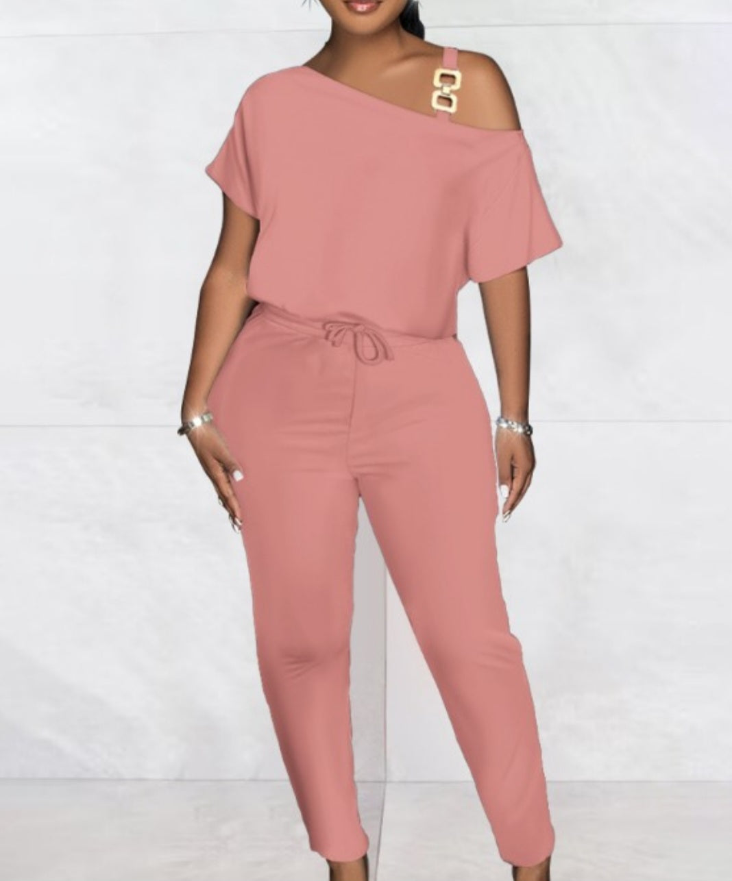 Cold shoulder drawstring jumpsuit