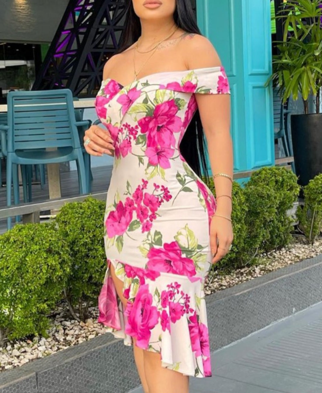 Flower ruffle bottom dress